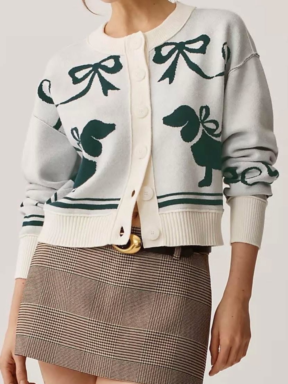 Maeve Cream Black Dachshund & Bow Motif Knit Cardigan Girly Coquette Sweater L